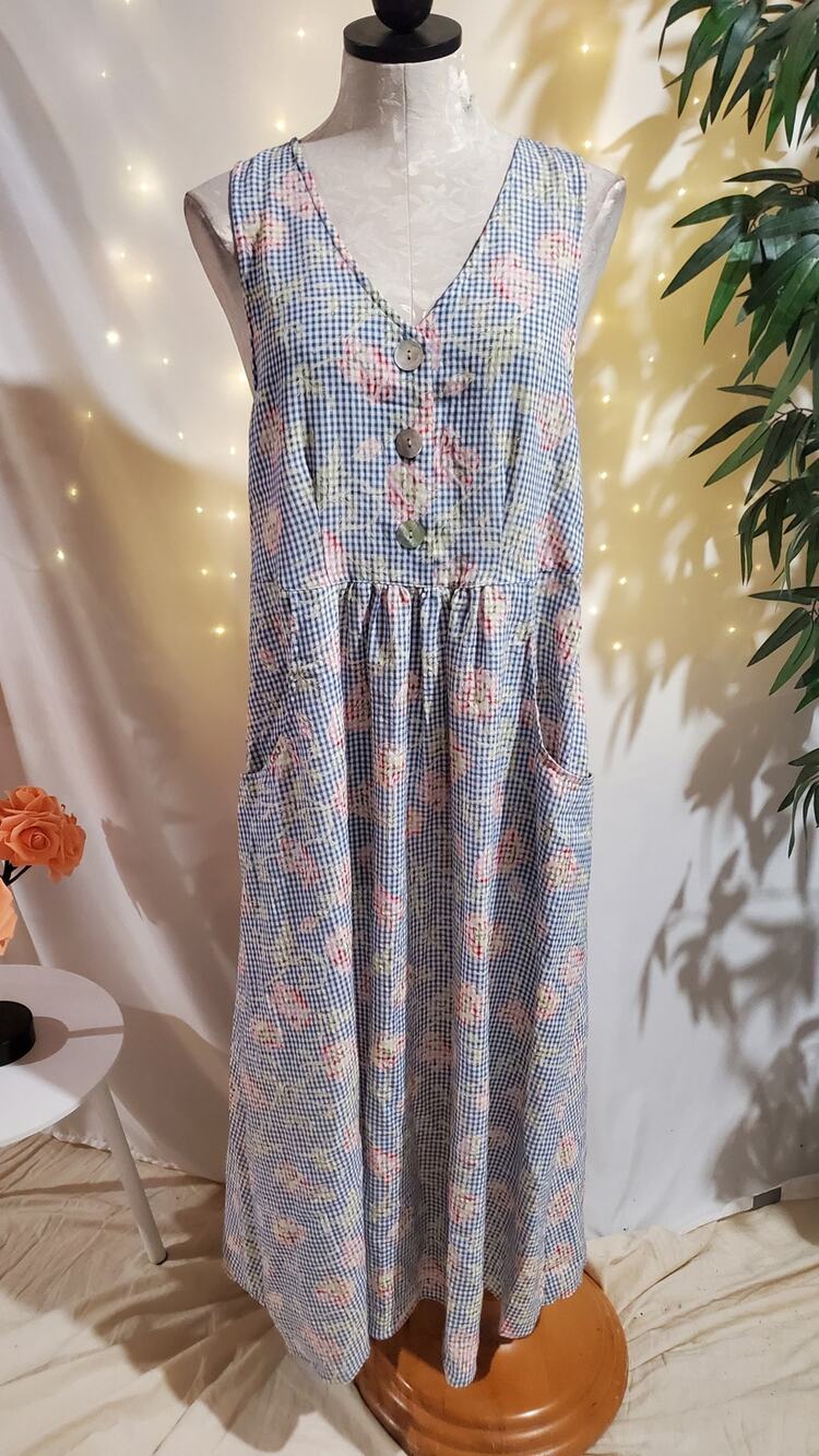 Vtg Compaigne Internationale Express Floral Gingham Check Maxi Dress M Cottage
